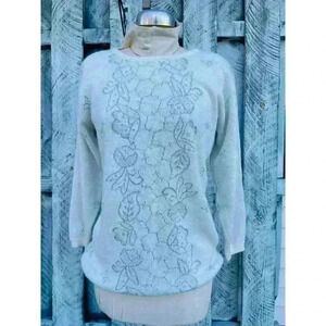 1980’s Beldoch Popper pullover‎ sweater white tinsel floral loose small medium